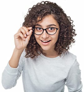Language learning student holding the glasses